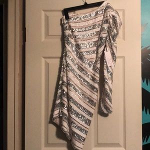 RYSE Silver & White Sequin One Shoulder Dress